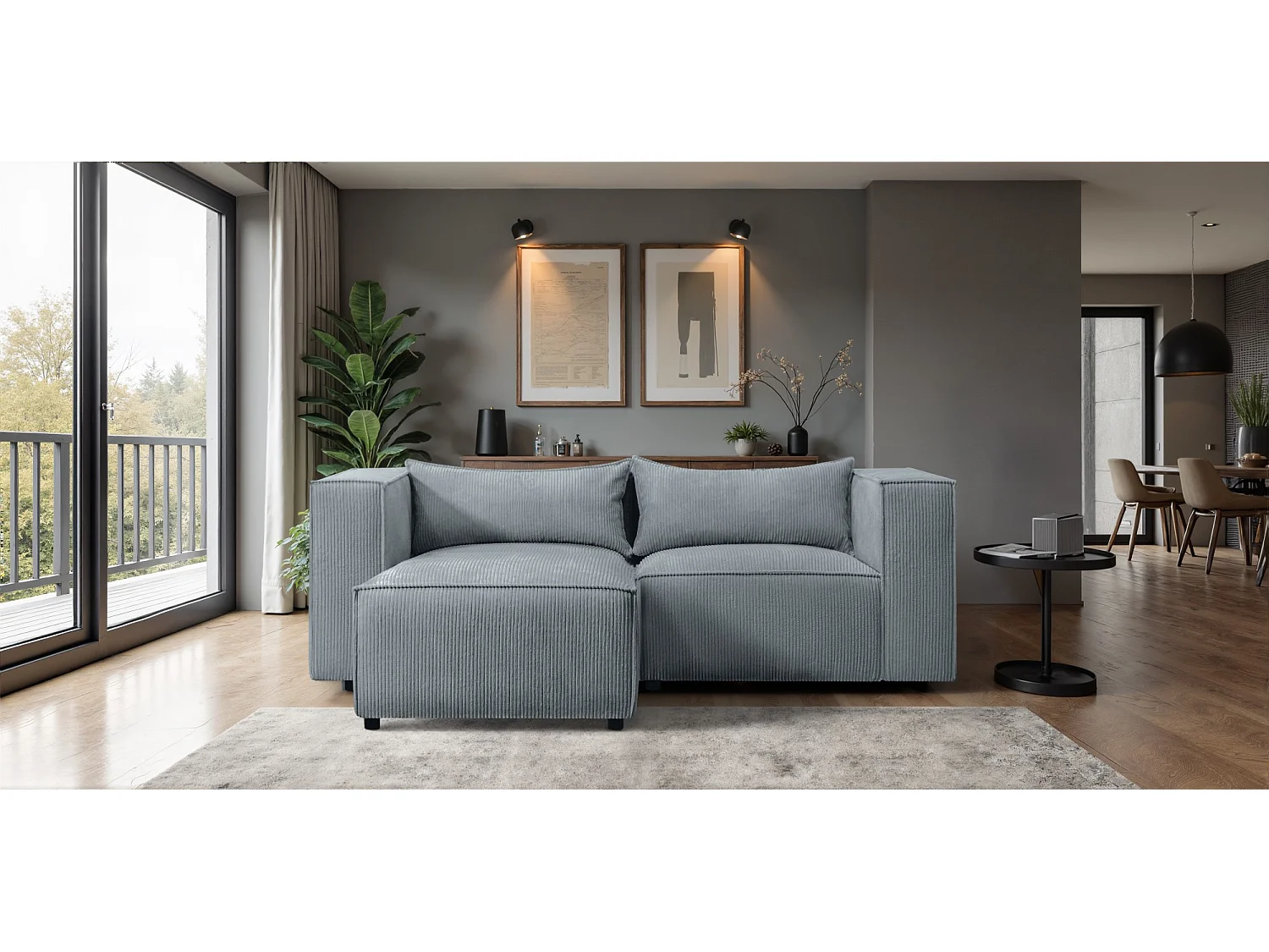 Canapé d'angle modulable en velours côtelé gris-bleu 210 cm - MODULO