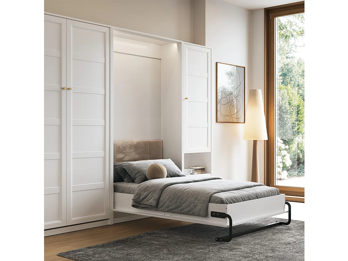 Lit escamotable 140x200 sommier et tête de lit inclus Fergus Blanc