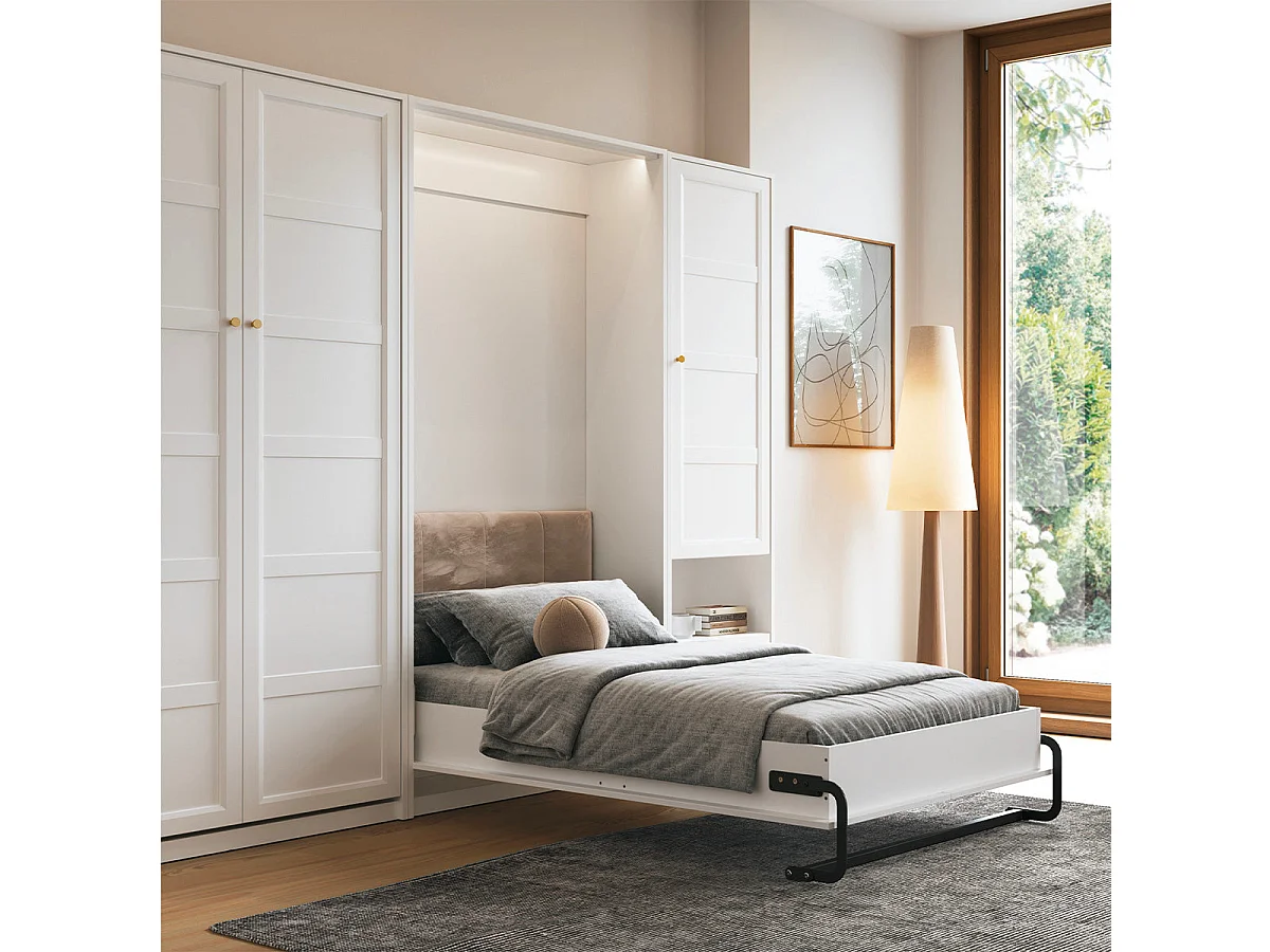 Lit escamotable 140x200 vertical sommier et tête de lit inclus Fergus Blanc