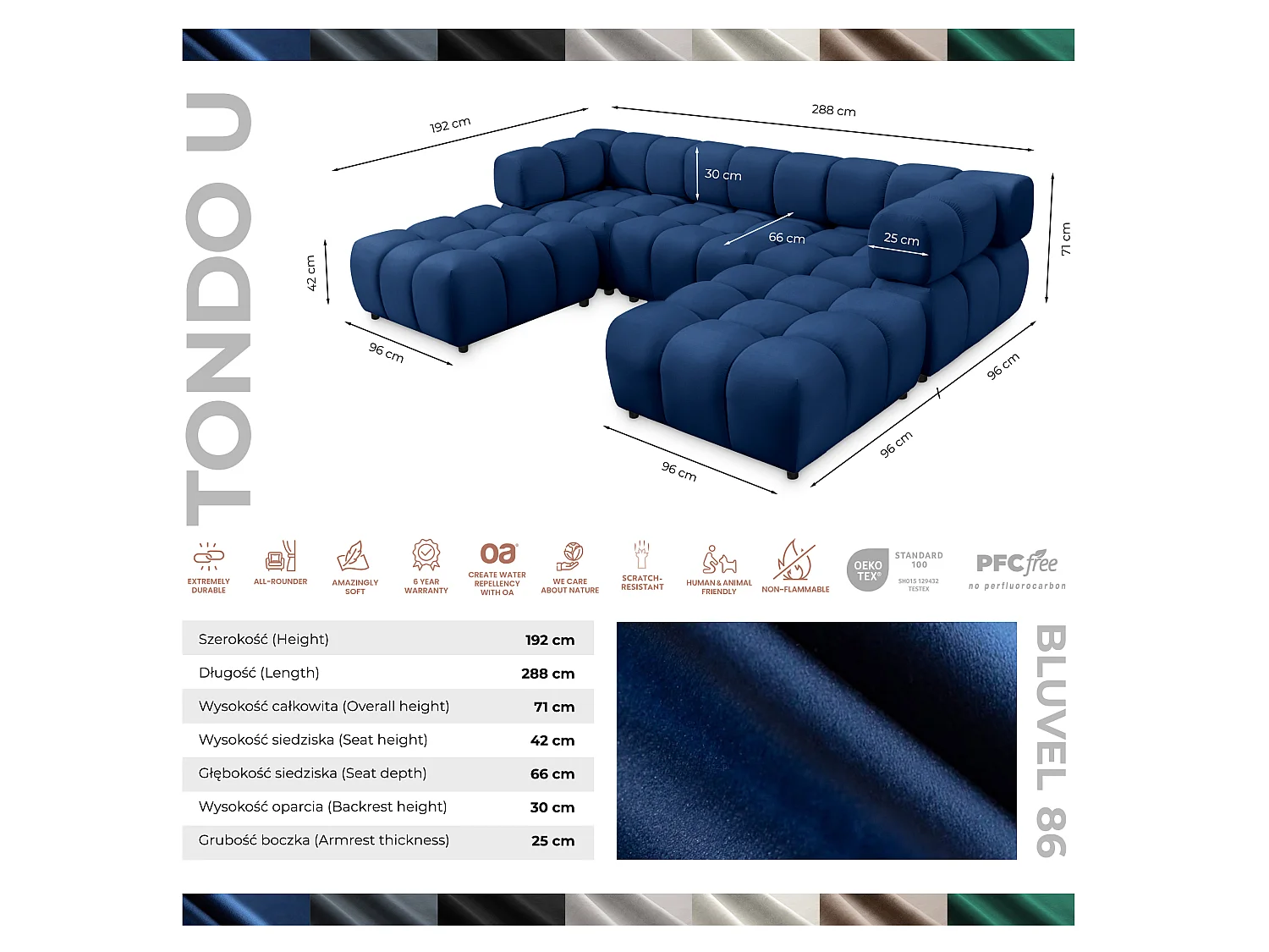 Canapé panoramique capitonné en velours bleu nuit 288 cm - TONDO