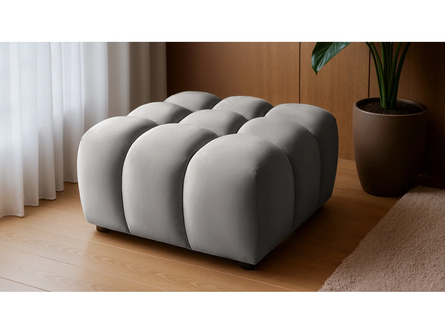 Pouf capitonné en velours gris clair 96 cm - TONDO