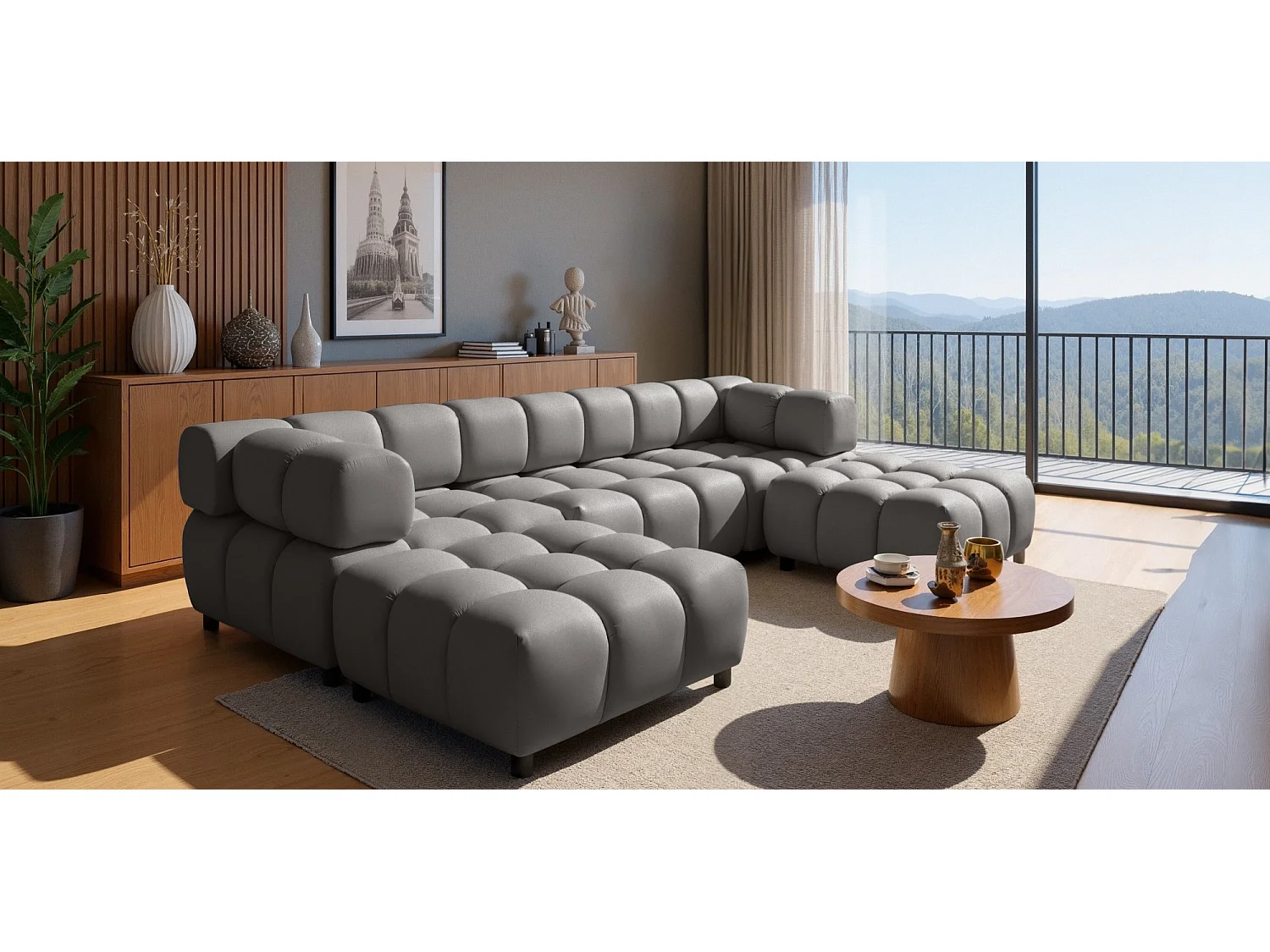 Canapé panoramique capitonné en velours gris 288 cm - TONDO