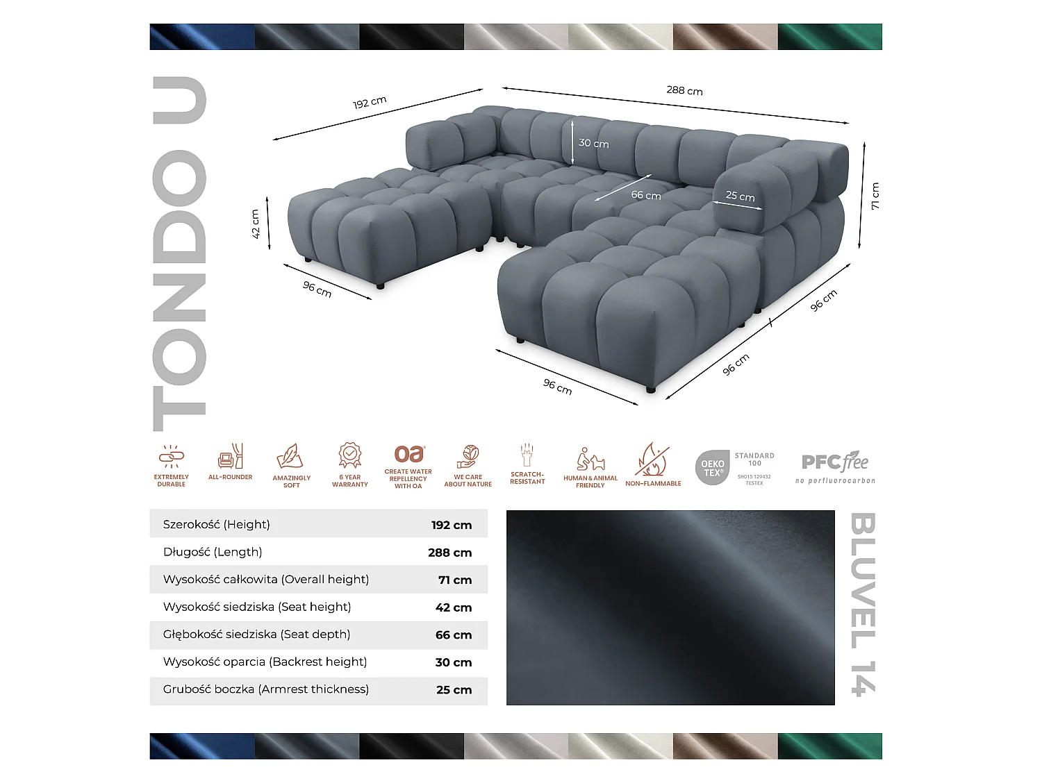 Canapé panoramique capitonné en velours gris 288 cm - TONDO
