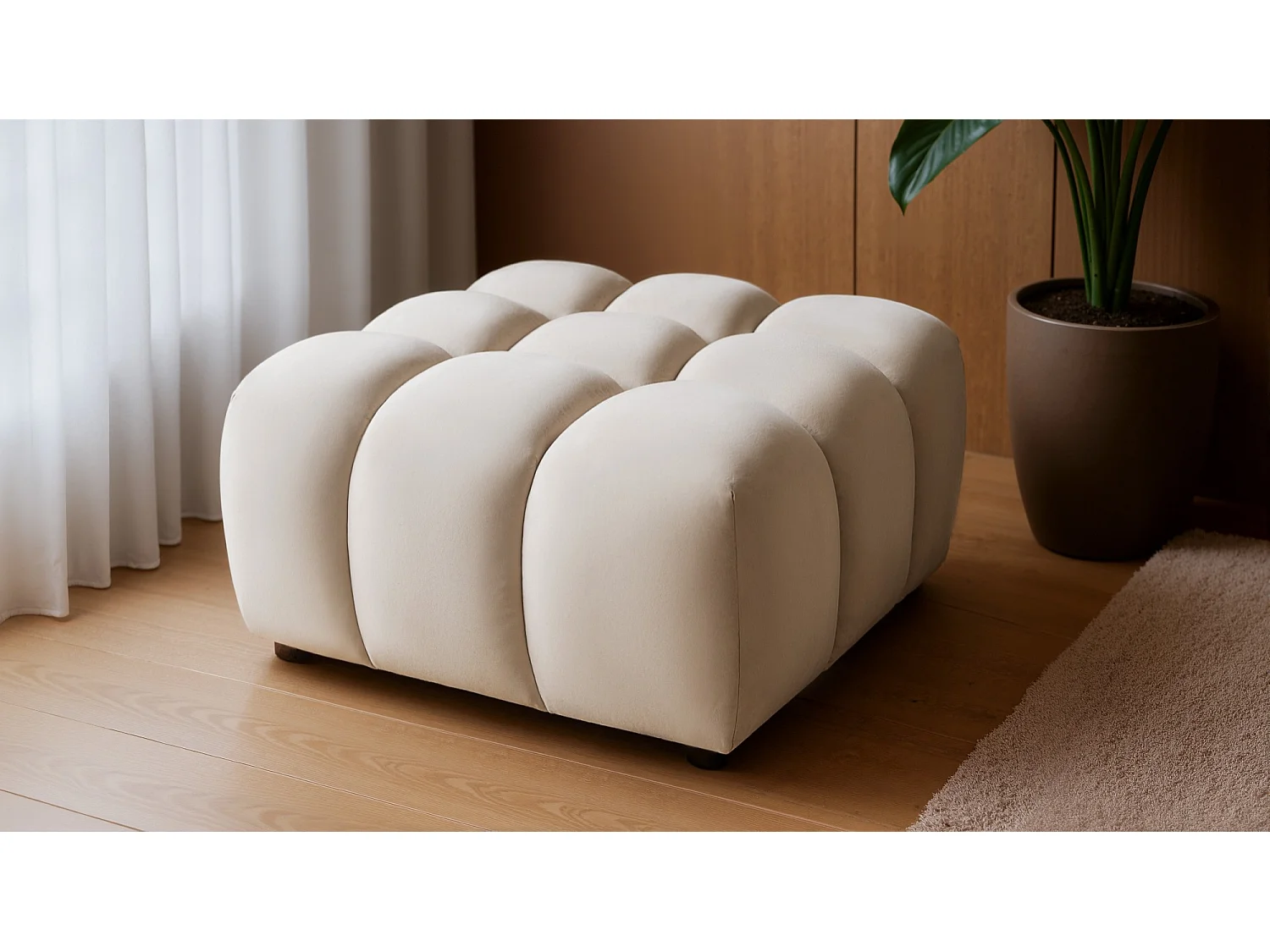 Pouf capitonné en velours beige 96 cm - TONDO
