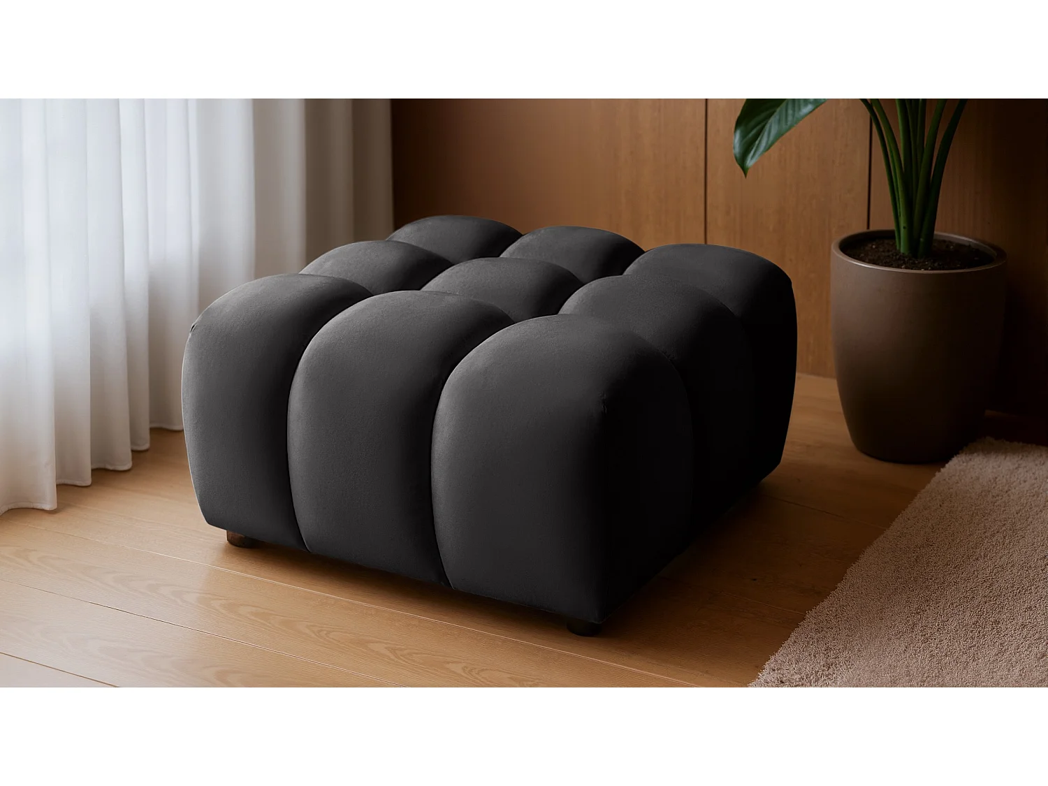 Pouf capitonné en velours noir 96 cm - TONDO