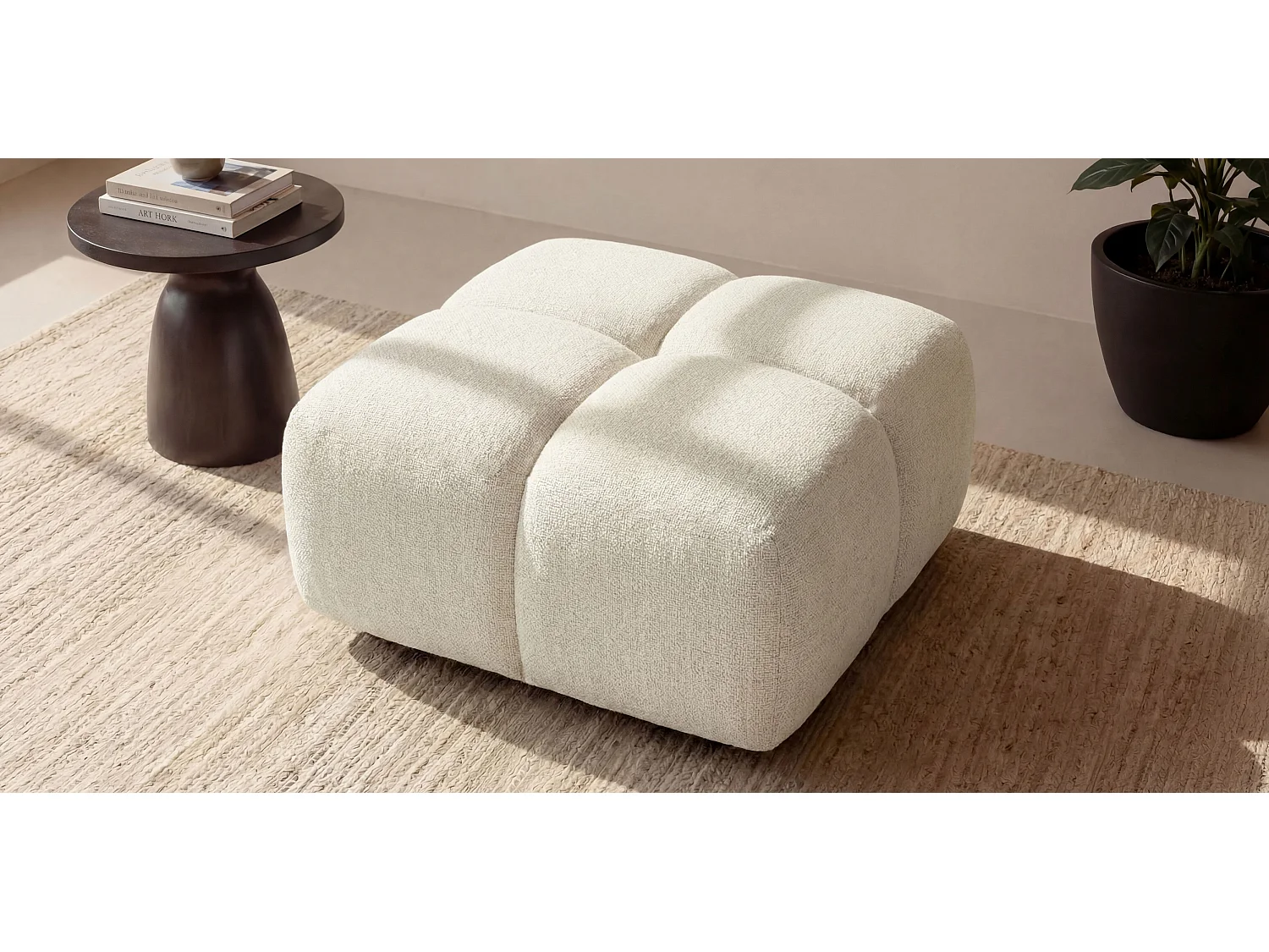Designer Pouf ALVERO 88x88 cm in Crèmewit Stof - Premium Kwaliteit, Modern Design, Hoogelastisch Schuim