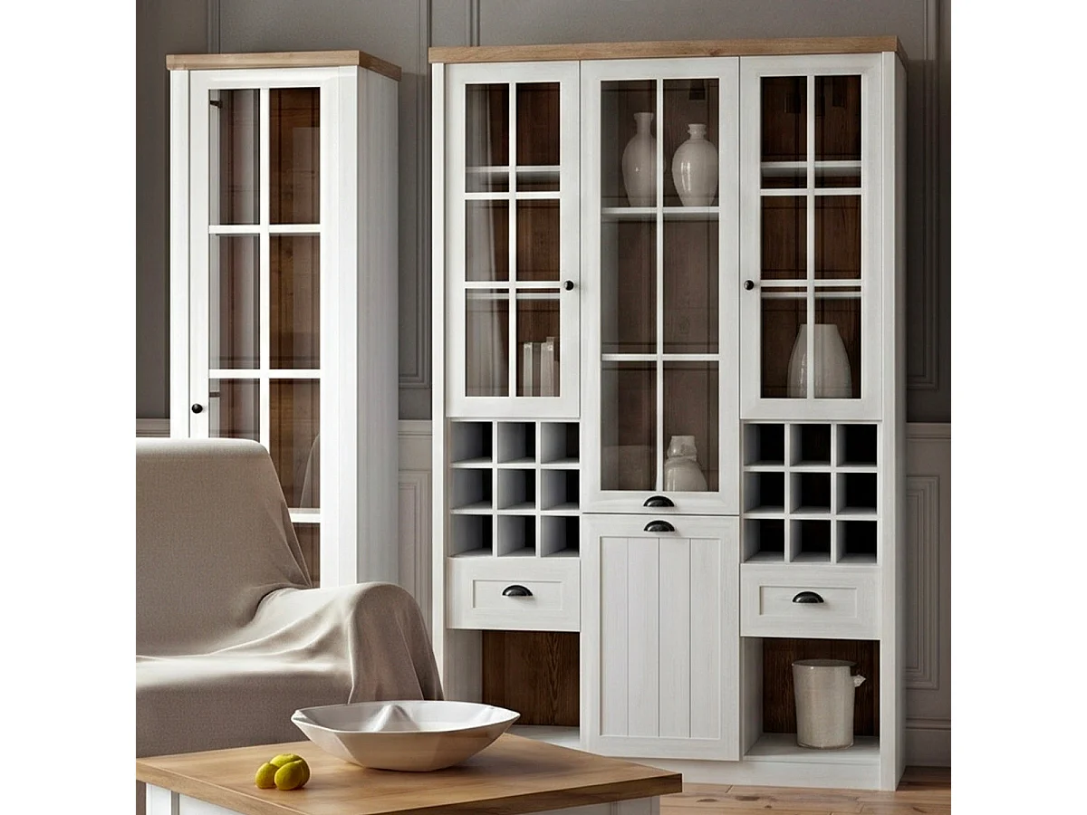 Vaisselier 2 portes 2 tiroirs 8 niches Léandre Blanc et Bois