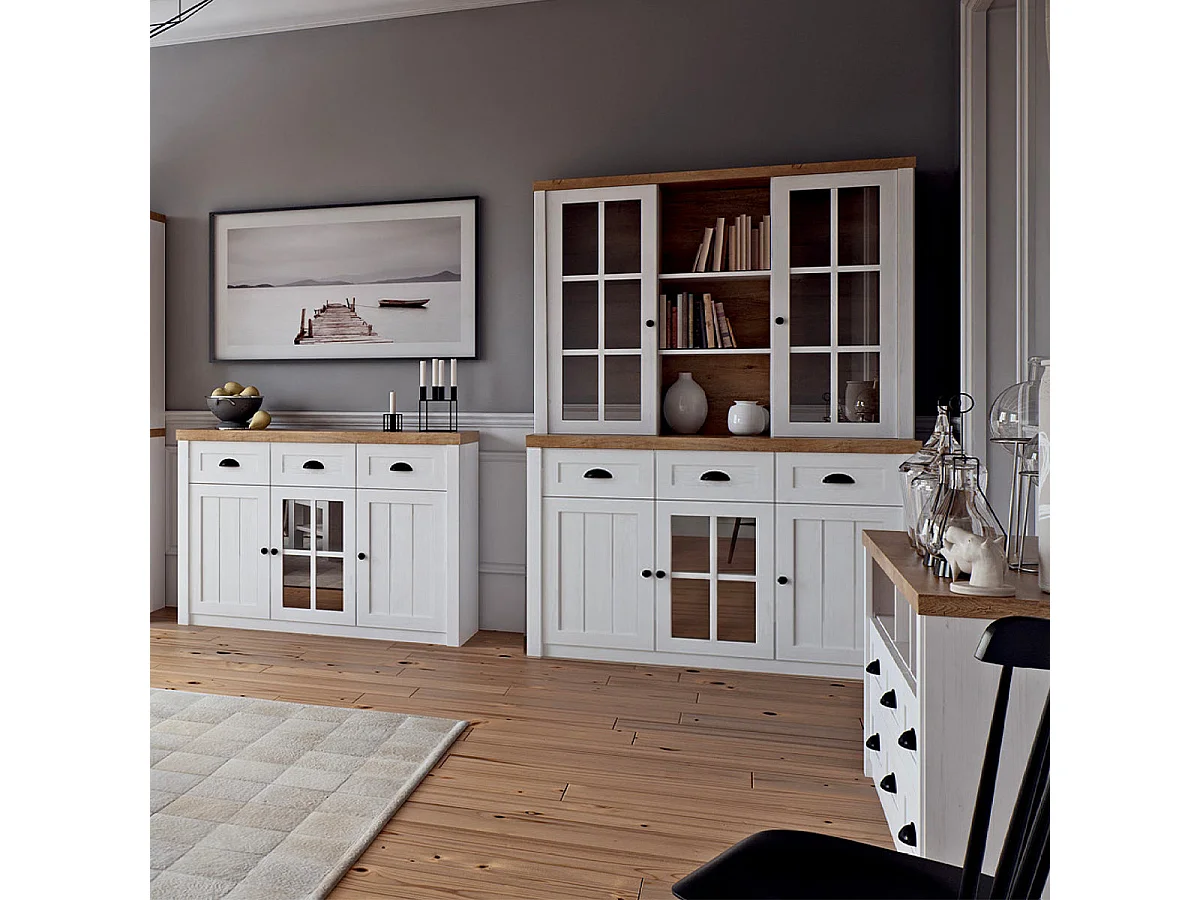 Vaisselier 3 tiroirs 5 portes Léandre Blanc et Bois