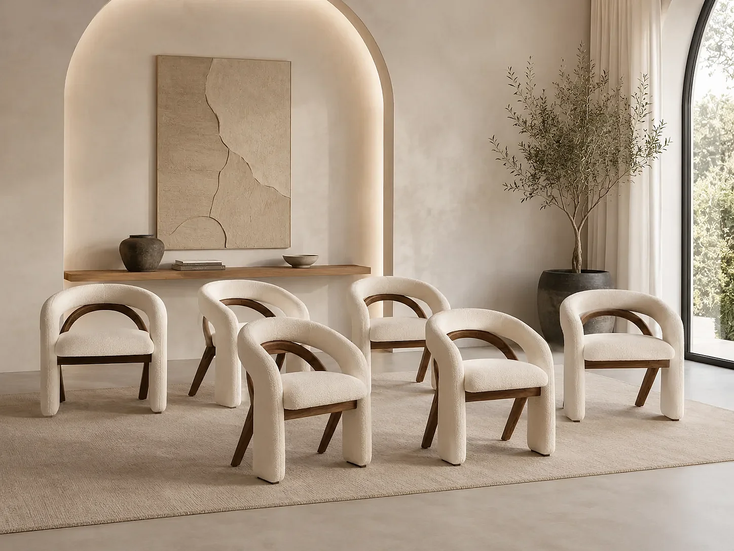Stoel ROCKY – Ongebleekte bouclé en massief houten structuur Set van 6