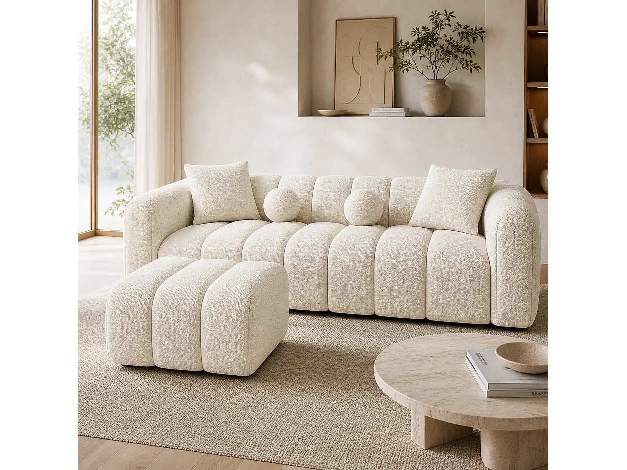 Canapé LONDON + Pouf Coloris Ecru Mousse