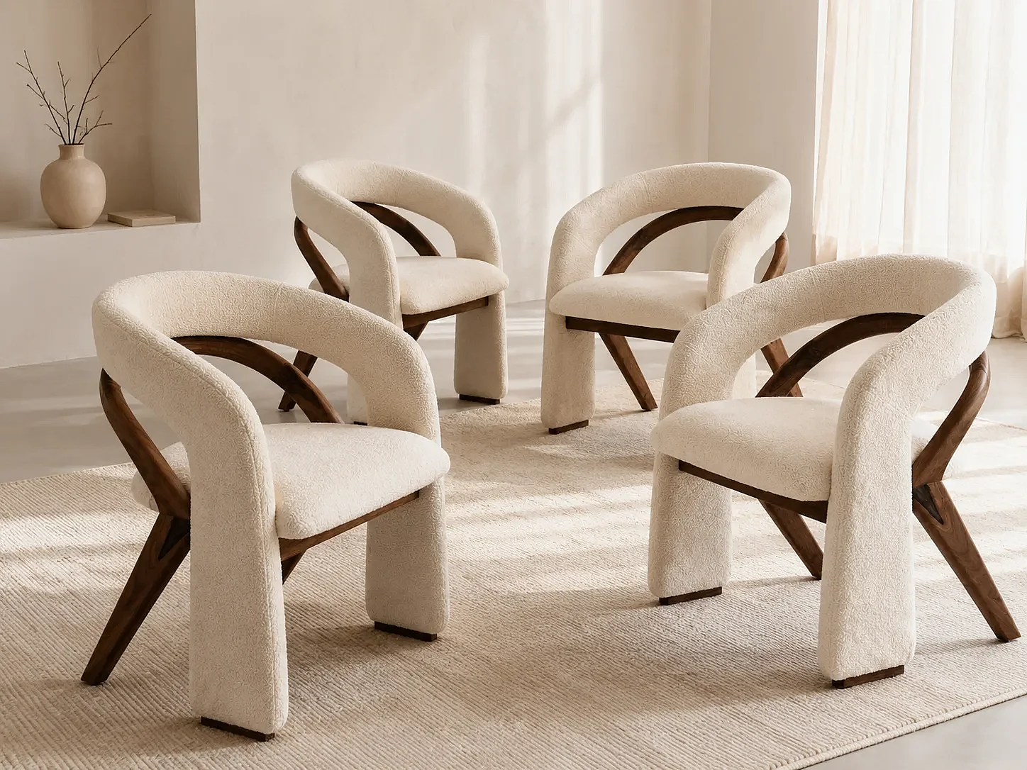 Stoel ROCKY – Ongebleekte bouclé en massief houten structuur Set van 4