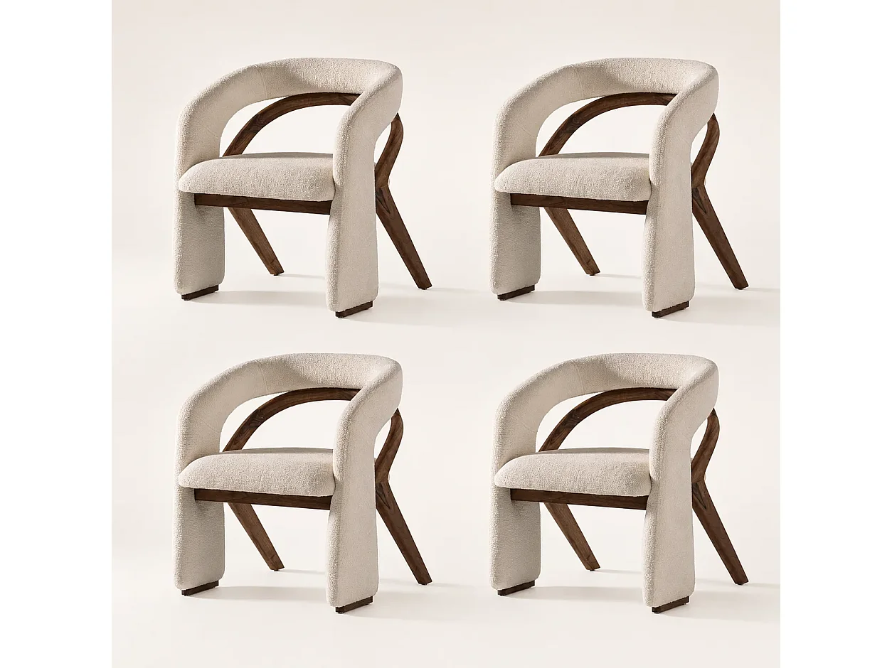 Stoel ROCKY – Ongebleekte bouclé en massief houten structuur Set van 4