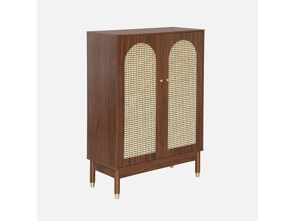 Meuble à chaussures. petit buffet décor bois noyer et cannage 2 portes