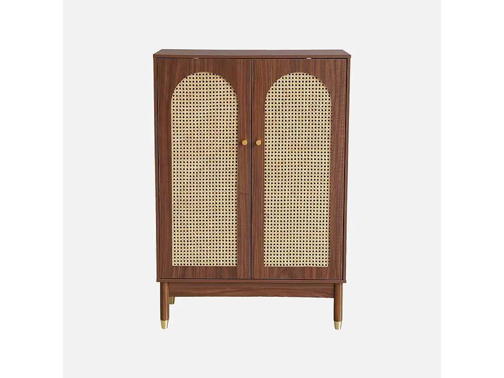 Meuble à chaussures. petit buffet décor bois noyer et cannage 2 portes