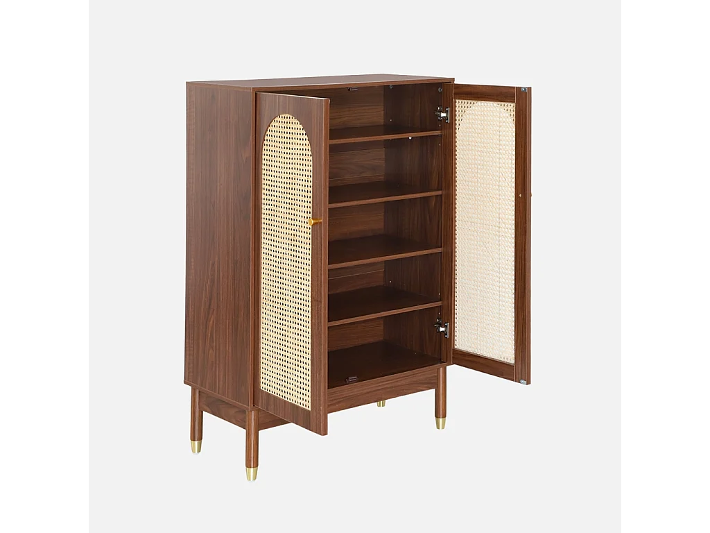 Meuble à chaussures. petit buffet décor bois noyer et cannage 2 portes