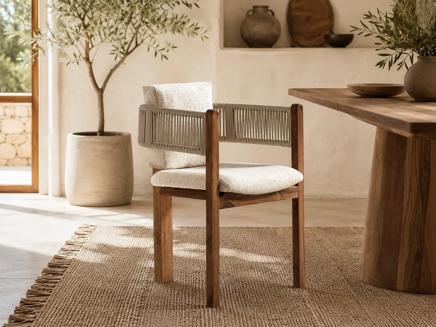 Chaise LUA bois et bouclette crème