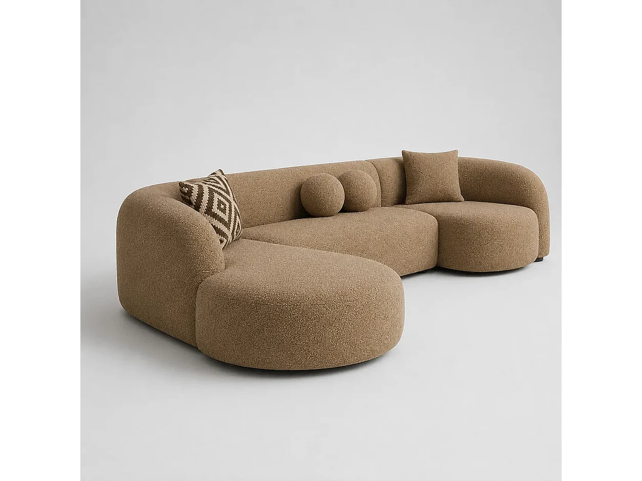 Canapé d'angle gauche 5 places en tissu beige SERENITY