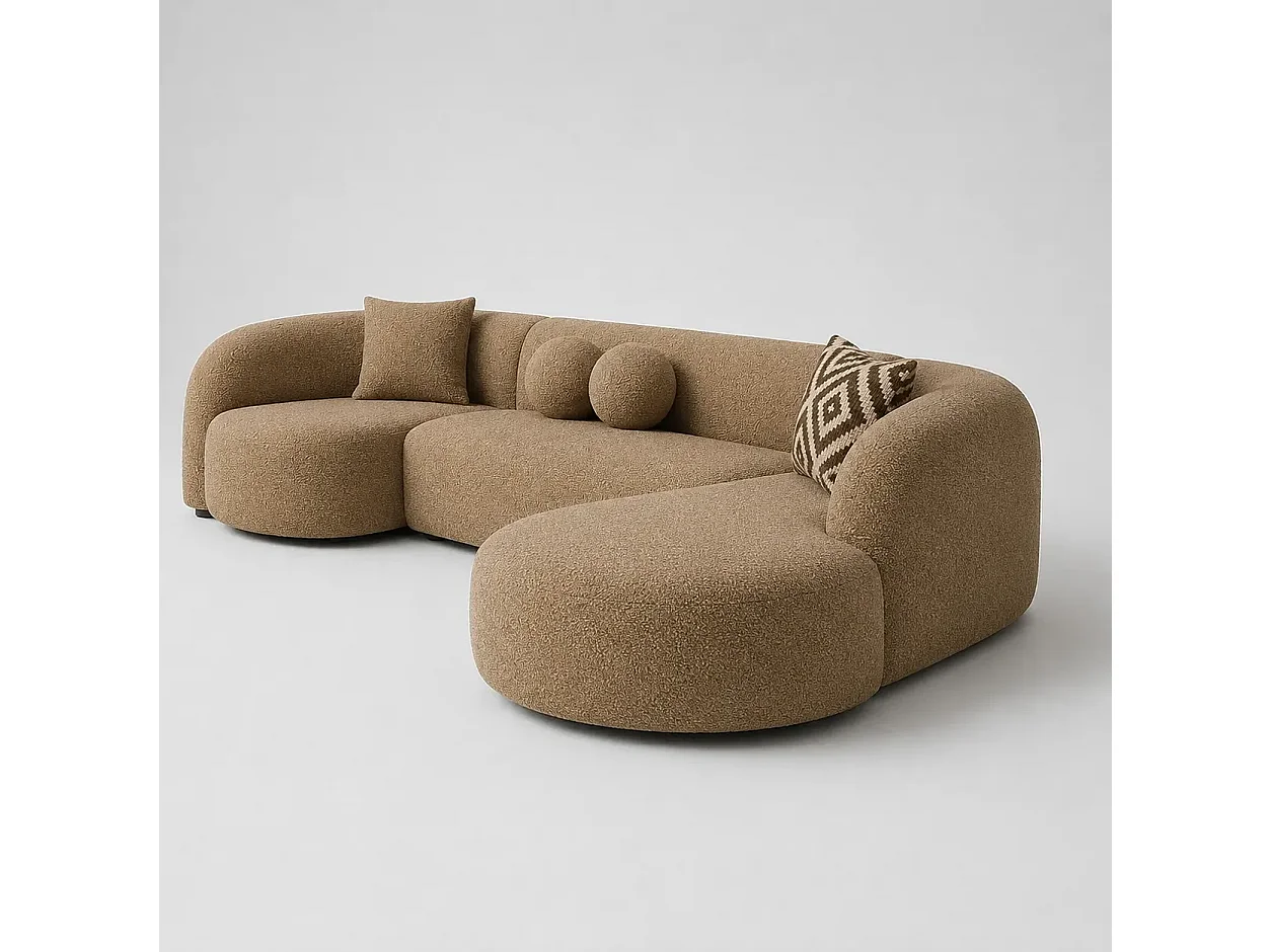 Canapé d'angle droit 5 places en tissu beige SERENITY