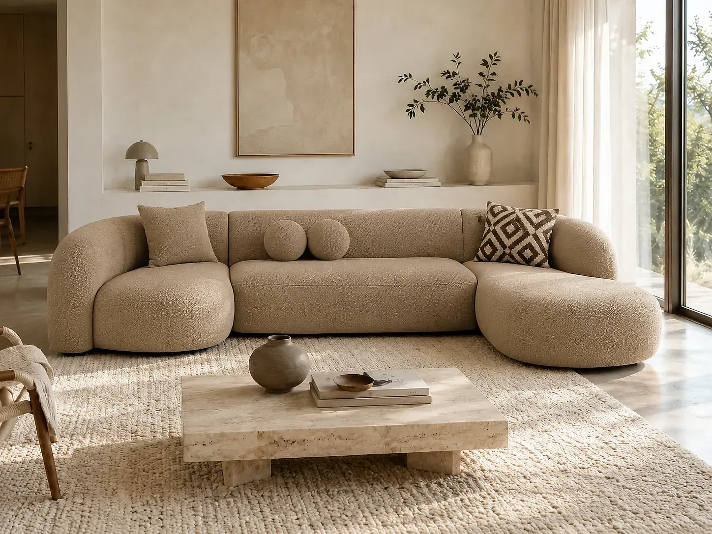 Canapé d'angle droit 5 places en tissu beige SERENITY