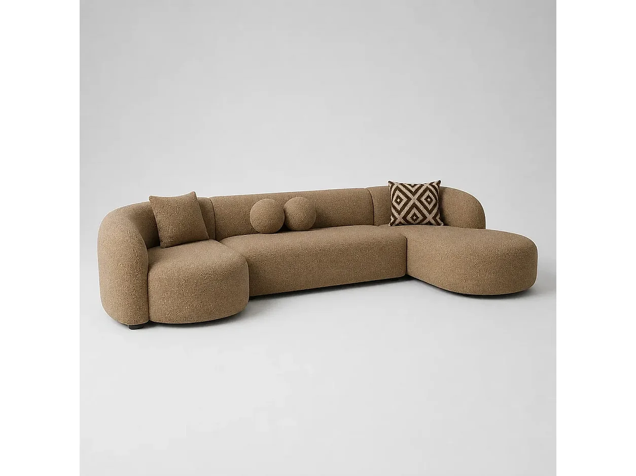 Canapé d'angle droit 5 places en tissu beige SERENITY