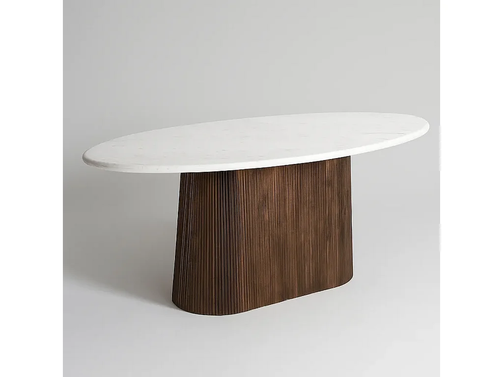 Table à manger ovale PURGER en bois de manguier et marbre blanc 180x90x76 cm