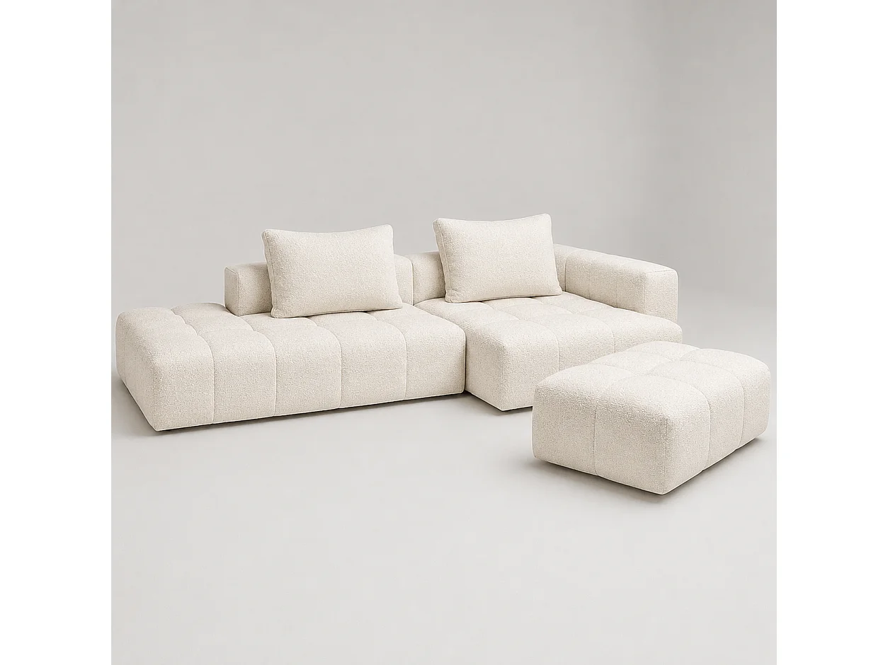 Canapé d'angle Droite PARIS Ecru Mousse + Pouf