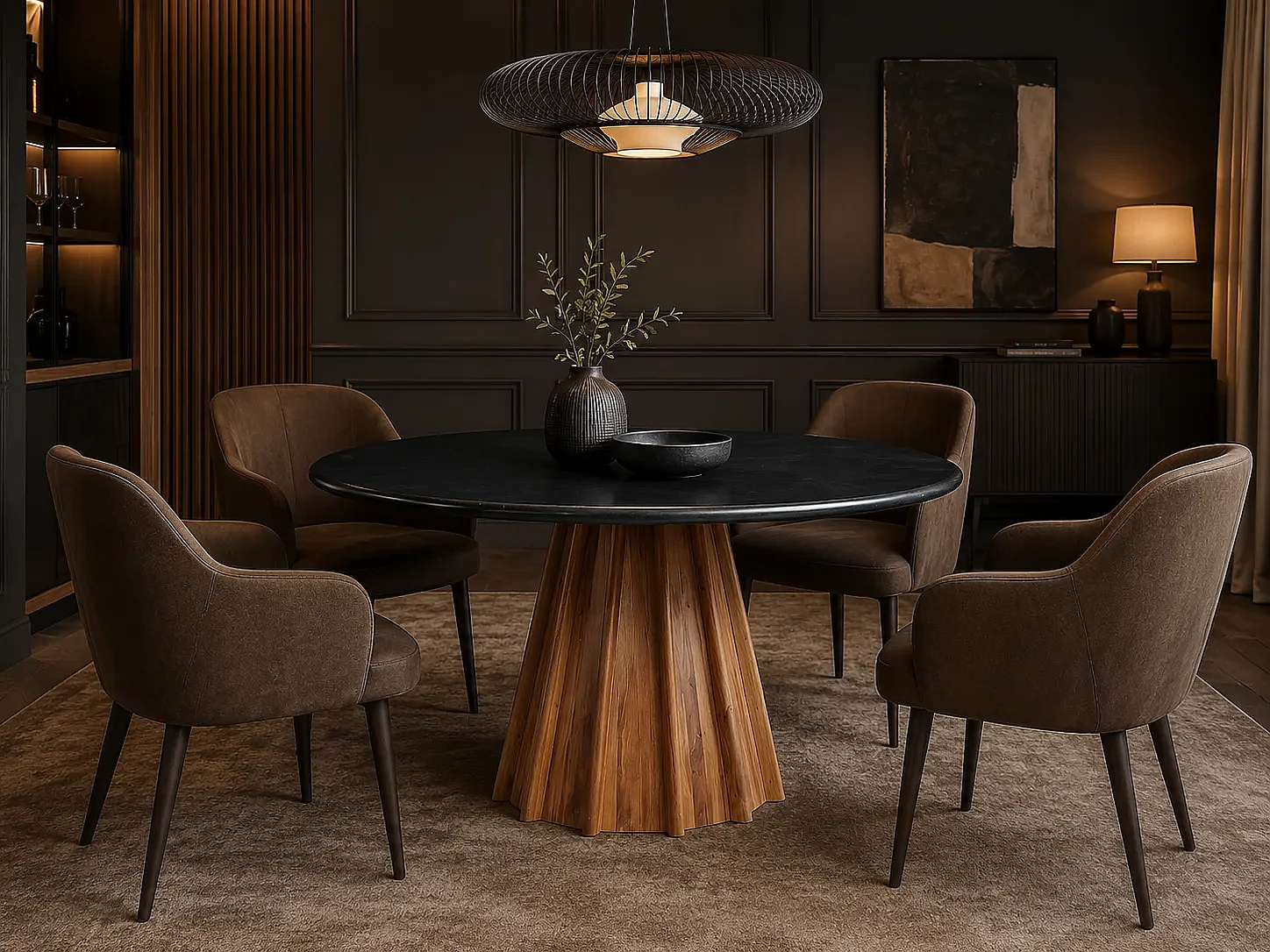 Table à manger ronde DRAXX en bois d'acacia et marbre noir Ø120x76 cm