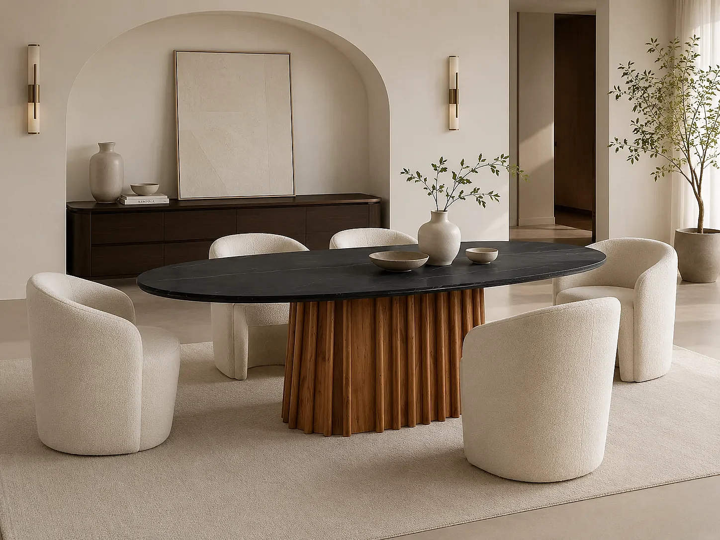 Table à manger ovale DRAXX en bois d'acacia et marbre noir 200x100x76 cm