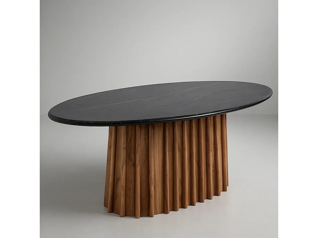 Table à manger ovale DRAXX en bois d'acacia et marbre noir 200x100x76 cm