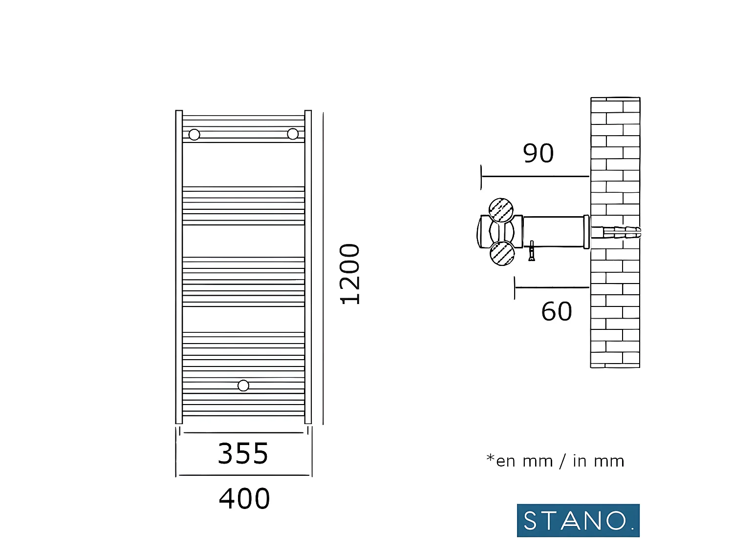 Radiateur sèche-serviettes eau chaude CODA 120 x 40 cm noir mat