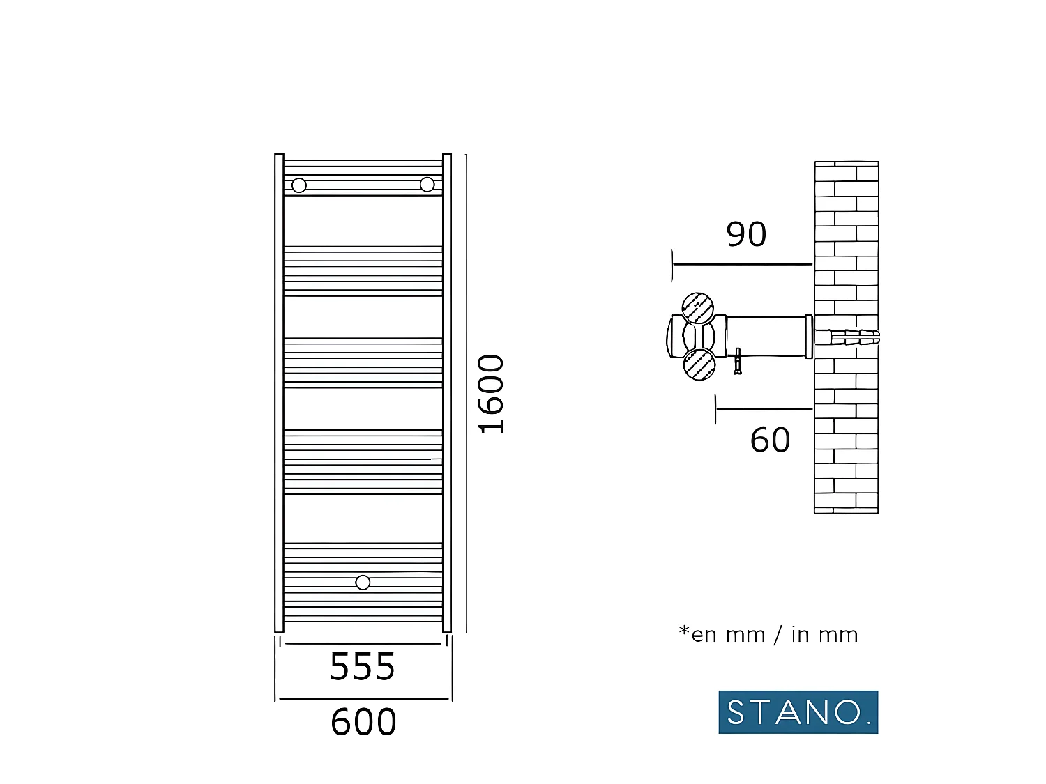 Radiateur sèche-serviettes eau chaude CODA 160 x 60 cm noir mat