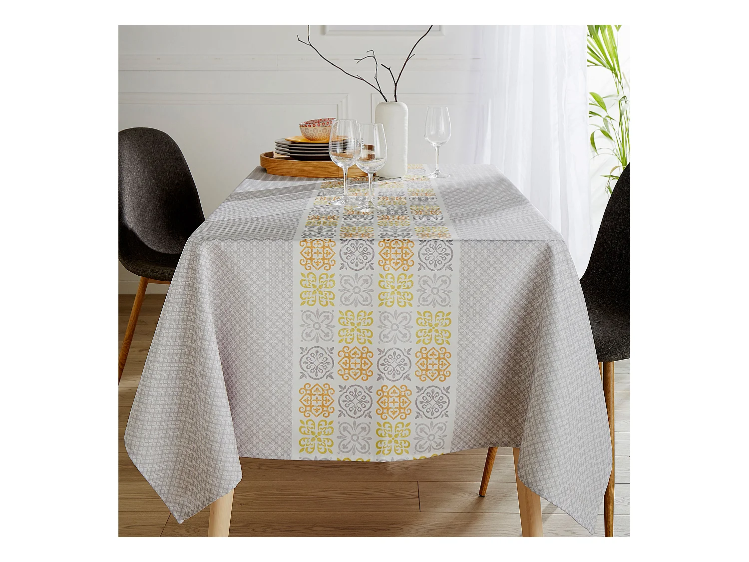 Nappe carrée 170x170 cm imprimée 100% polyester CARO géométrique gris