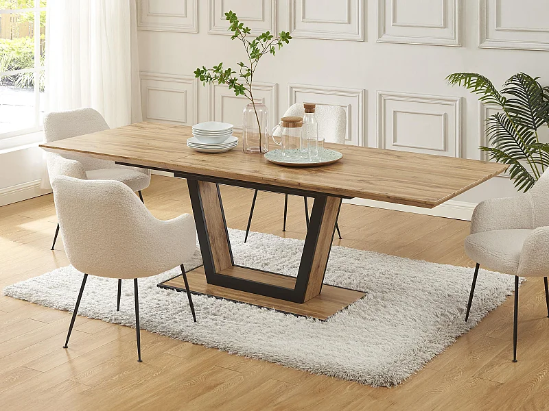 Uittrekbare eettafel 6-10 personen in mdf en metaal - Houtlook en zwart - VITENO