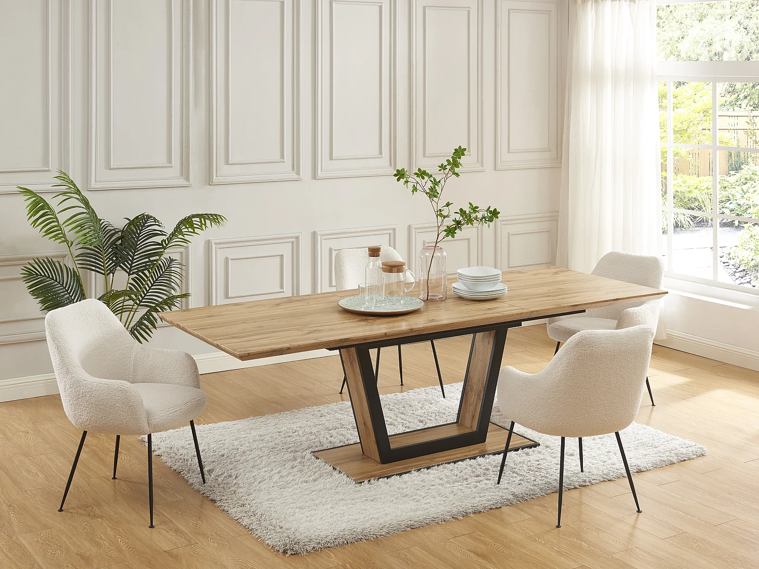 Table à manger extensible 6 à 10 personnes en MDF et métal - Naturel et noir - VITENO