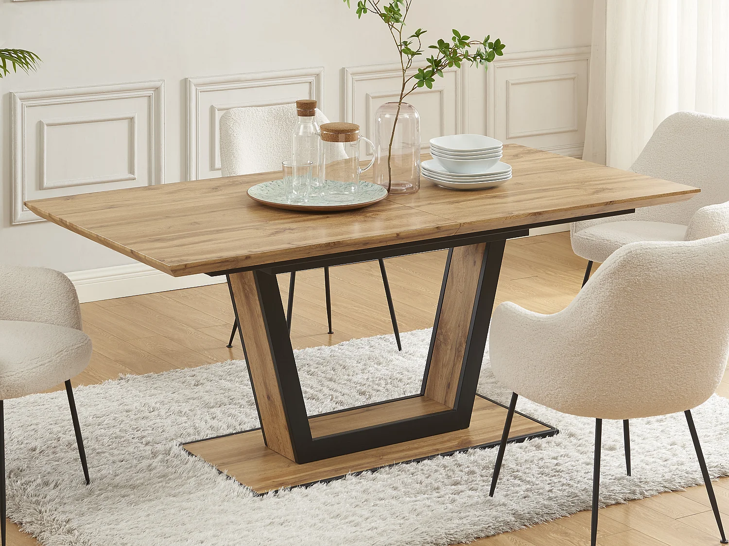 Table à manger extensible 6 à 10 personnes en MDF et métal - Naturel et noir - VITENO