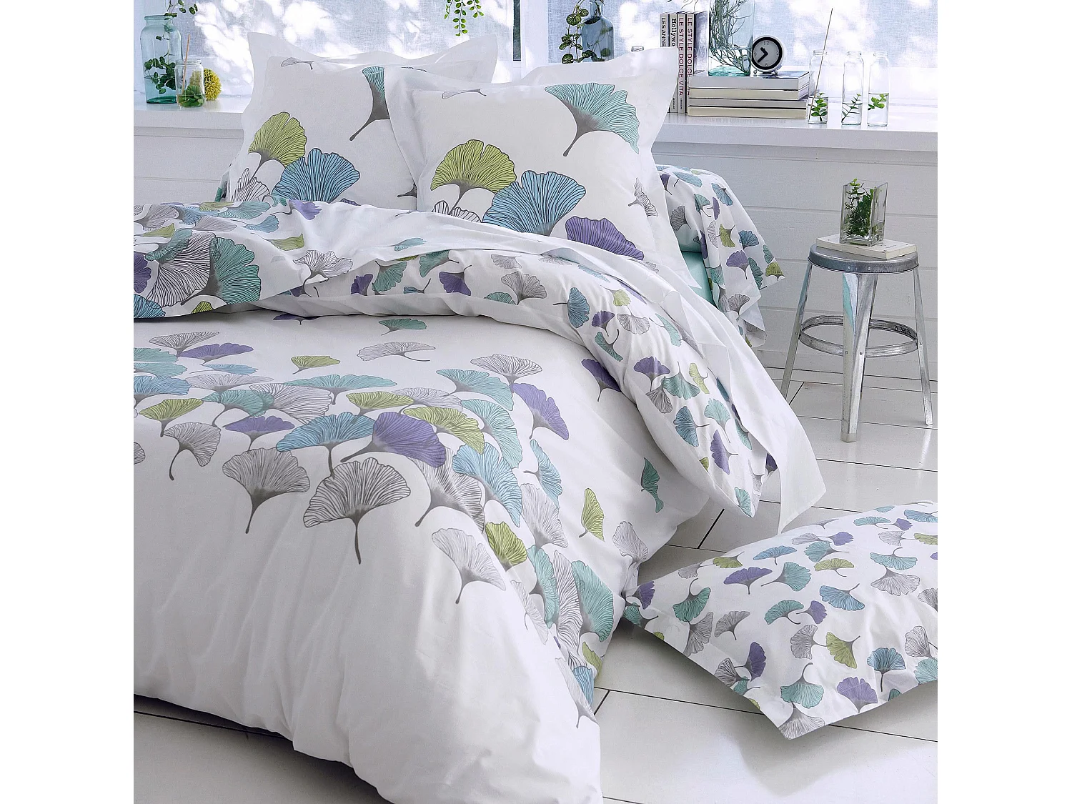 Parure de lit 240x220 cm Percale pur coton GINKGO Bleu