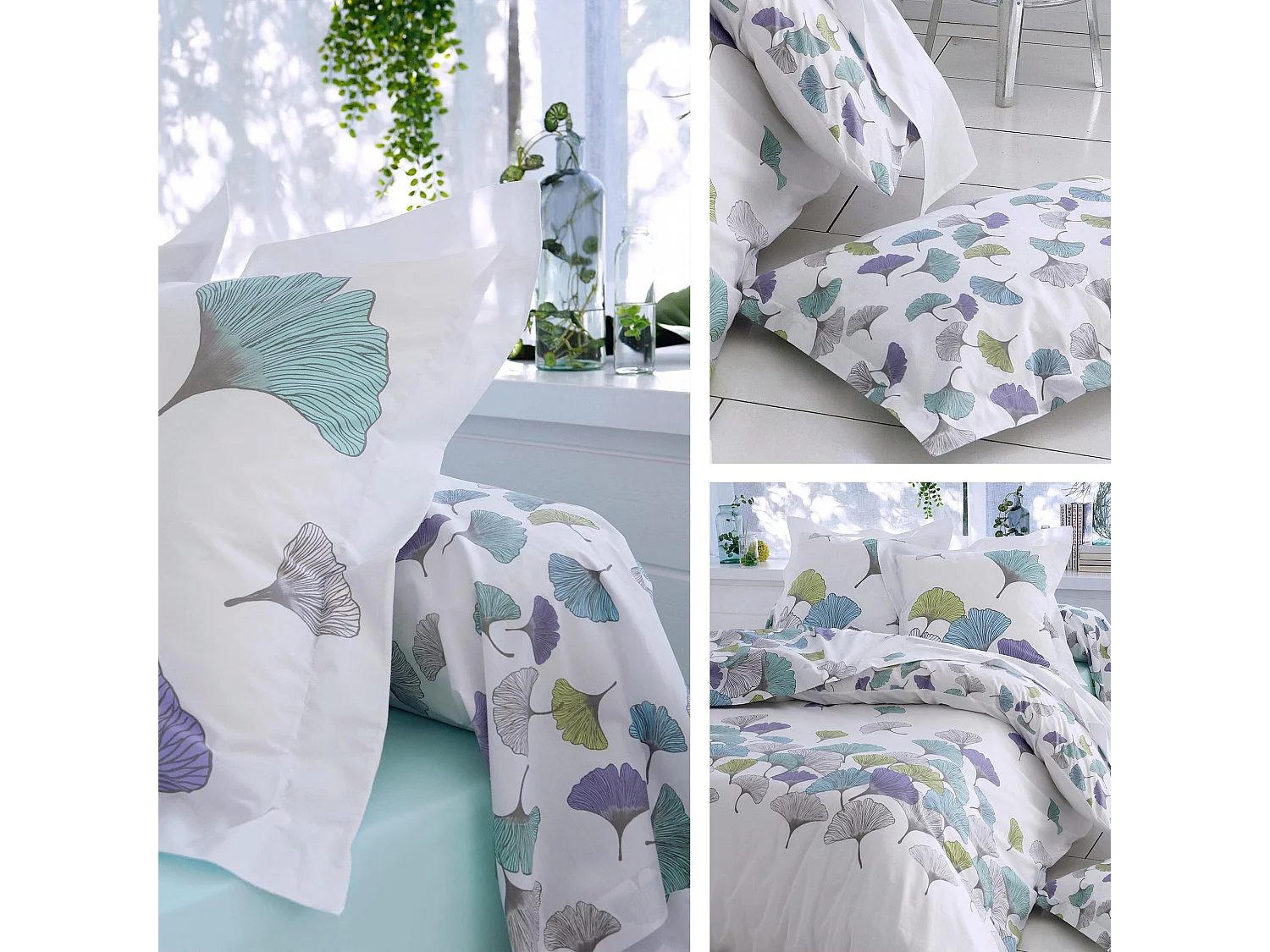 Parure de lit 240x220 cm Percale pur coton GINKGO Bleu