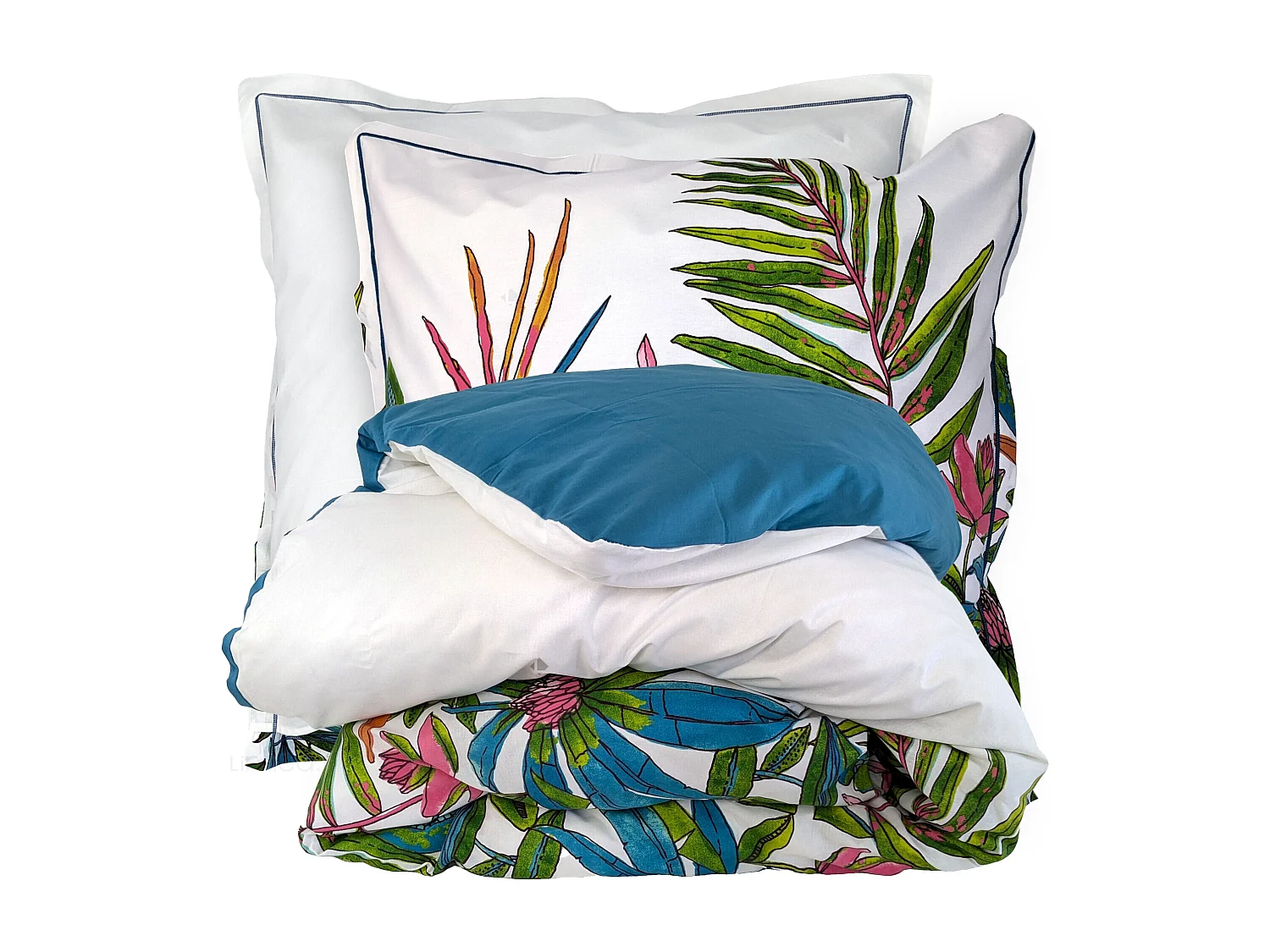 Parure de lit 240x220 cm coton SUMATRA bleu Paon 3 pièces