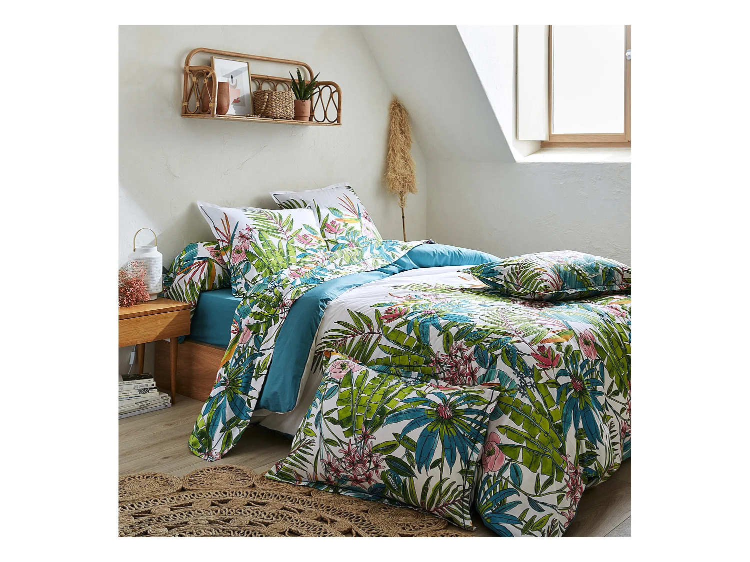 Parure de lit 240x220 cm coton SUMATRA bleu Paon 3 pièces