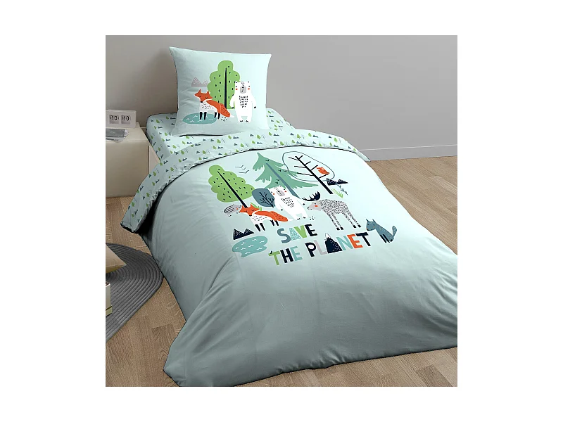Parure de lit 140x200 cm coton biologique SAVE THE PLANET Bleu