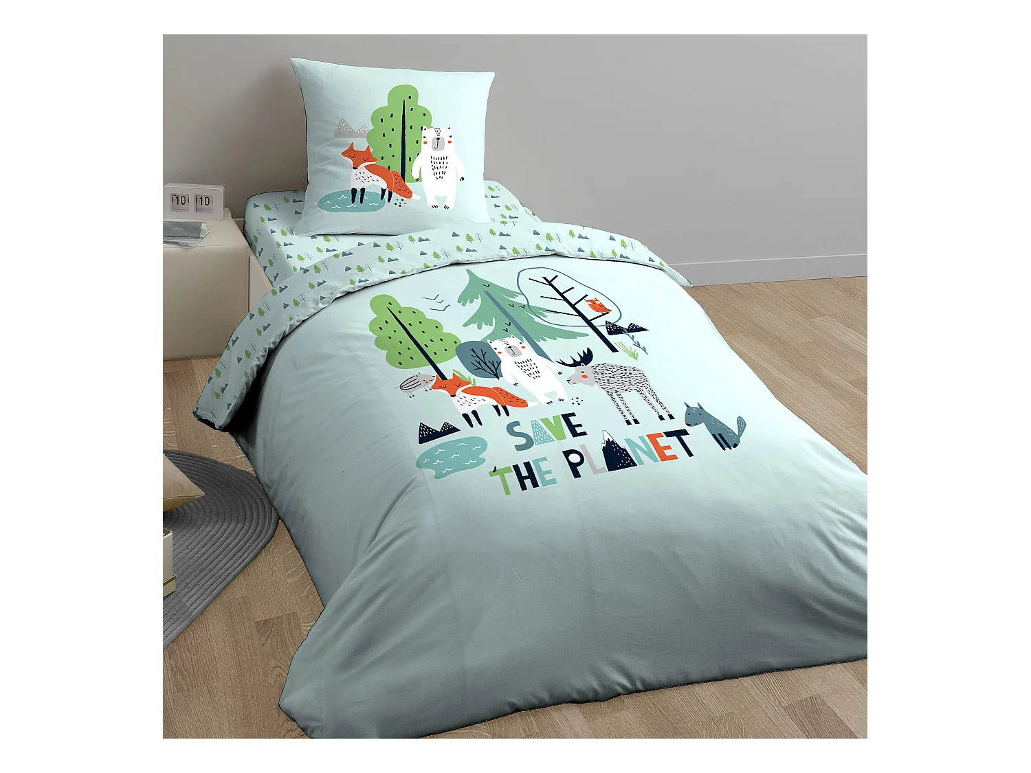 Parure de lit 140x200 cm coton biologique SAVE THE PLANET Bleu