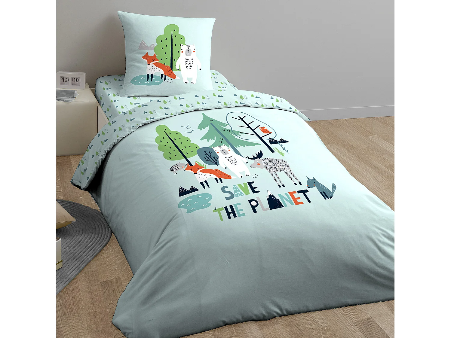 Parure de lit 140x200 cm coton biologique SAVE THE PLANET Bleu