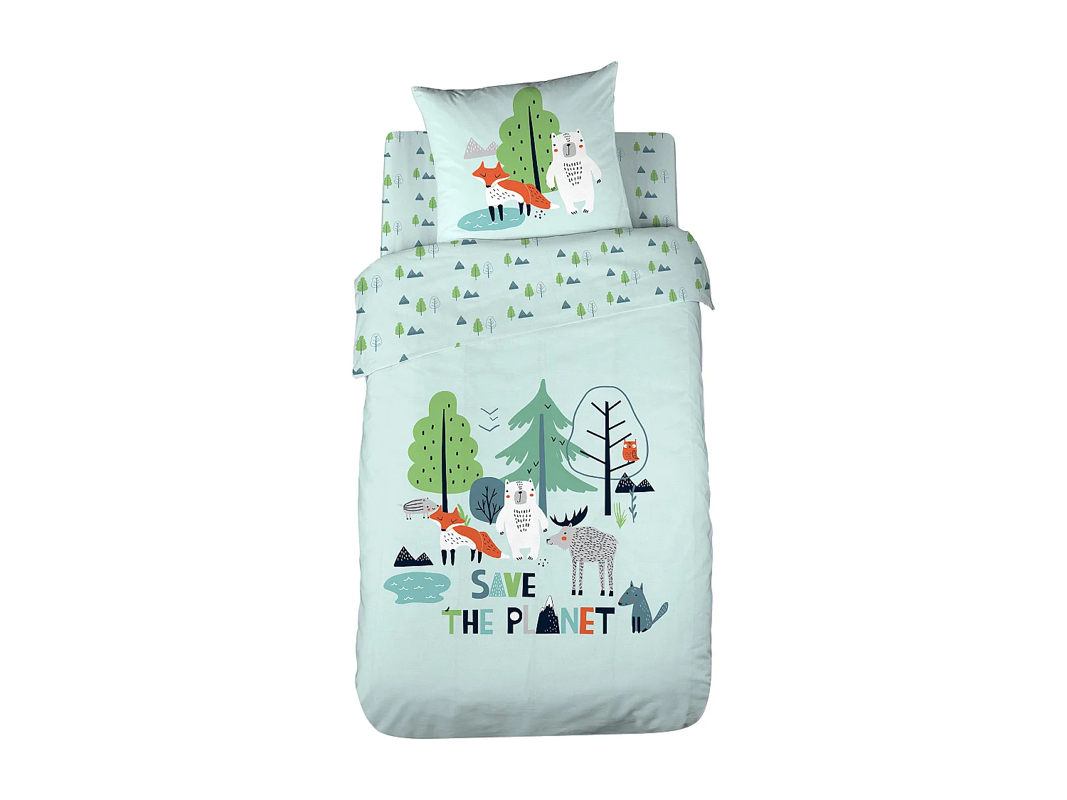 Parure de lit 140x200 cm coton biologique SAVE THE PLANET Bleu