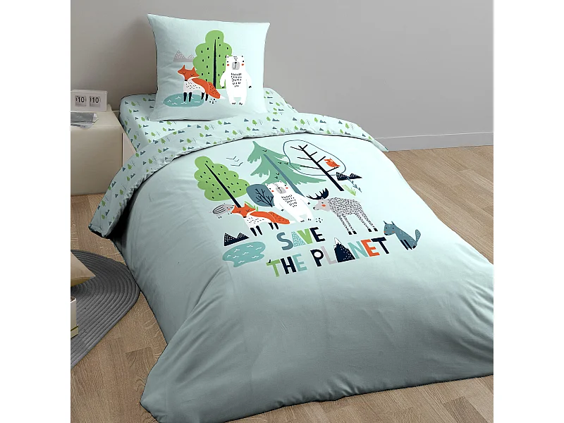 Parure de lit 140x200 cm coton biologique SAVE THE PLANET Bleu