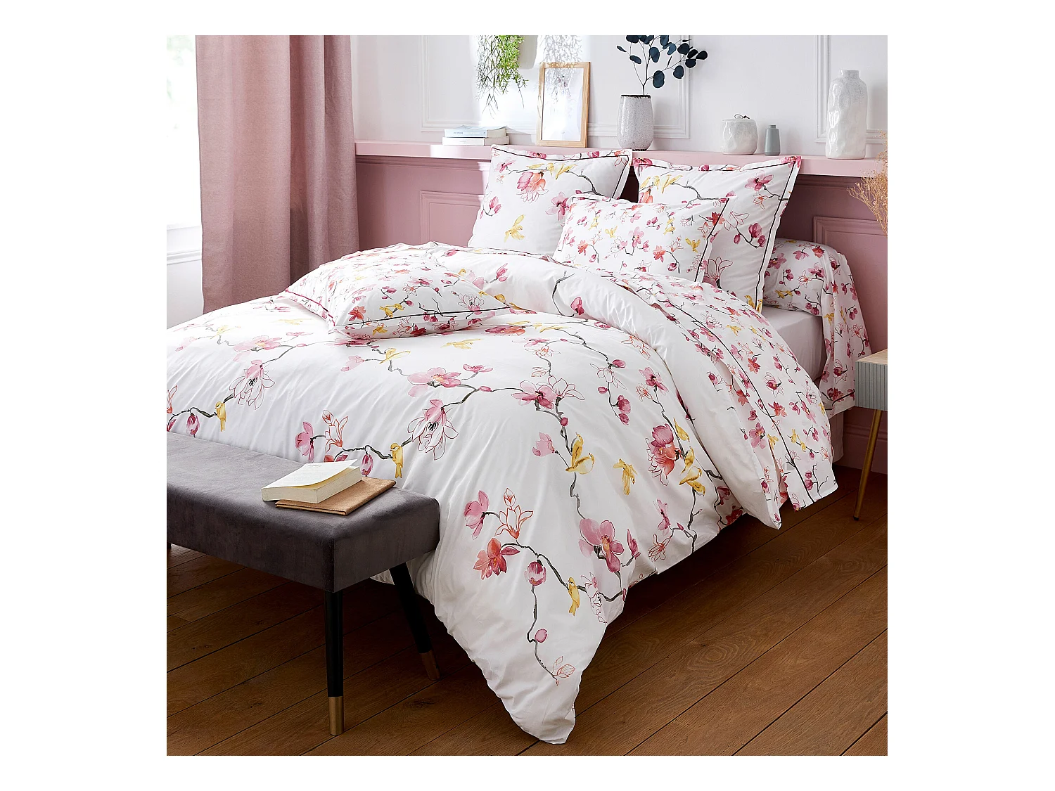 Parure de lit 240x220 cm percale coton ELISA Rose 3 pièces