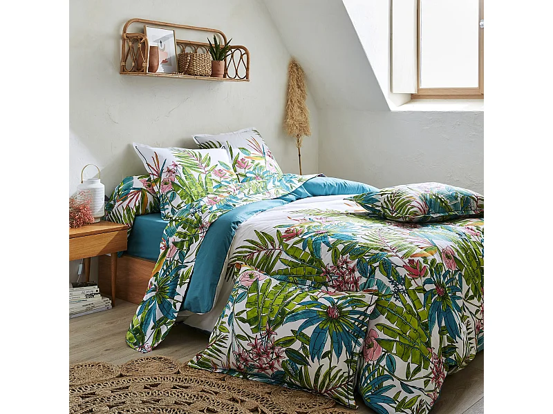 Parure de lit 200x200 cm coton SUMATRA bleu Paon 3 pièces