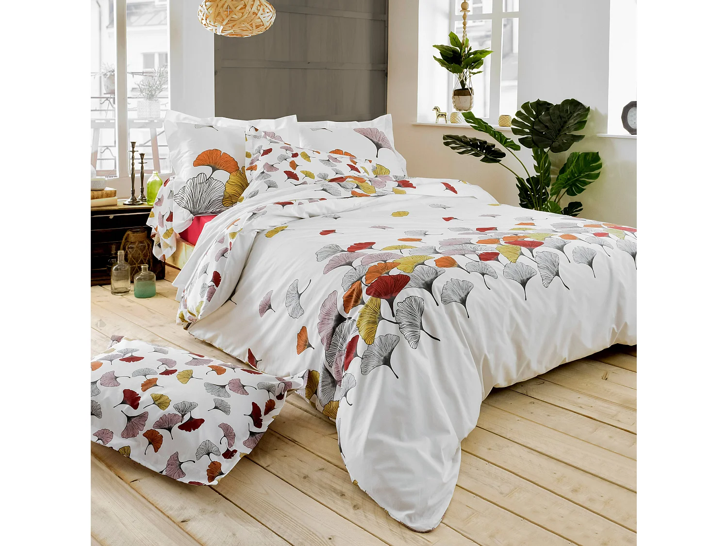 Parure de lit 260x240 cm Percale pur coton GINKGO Rose