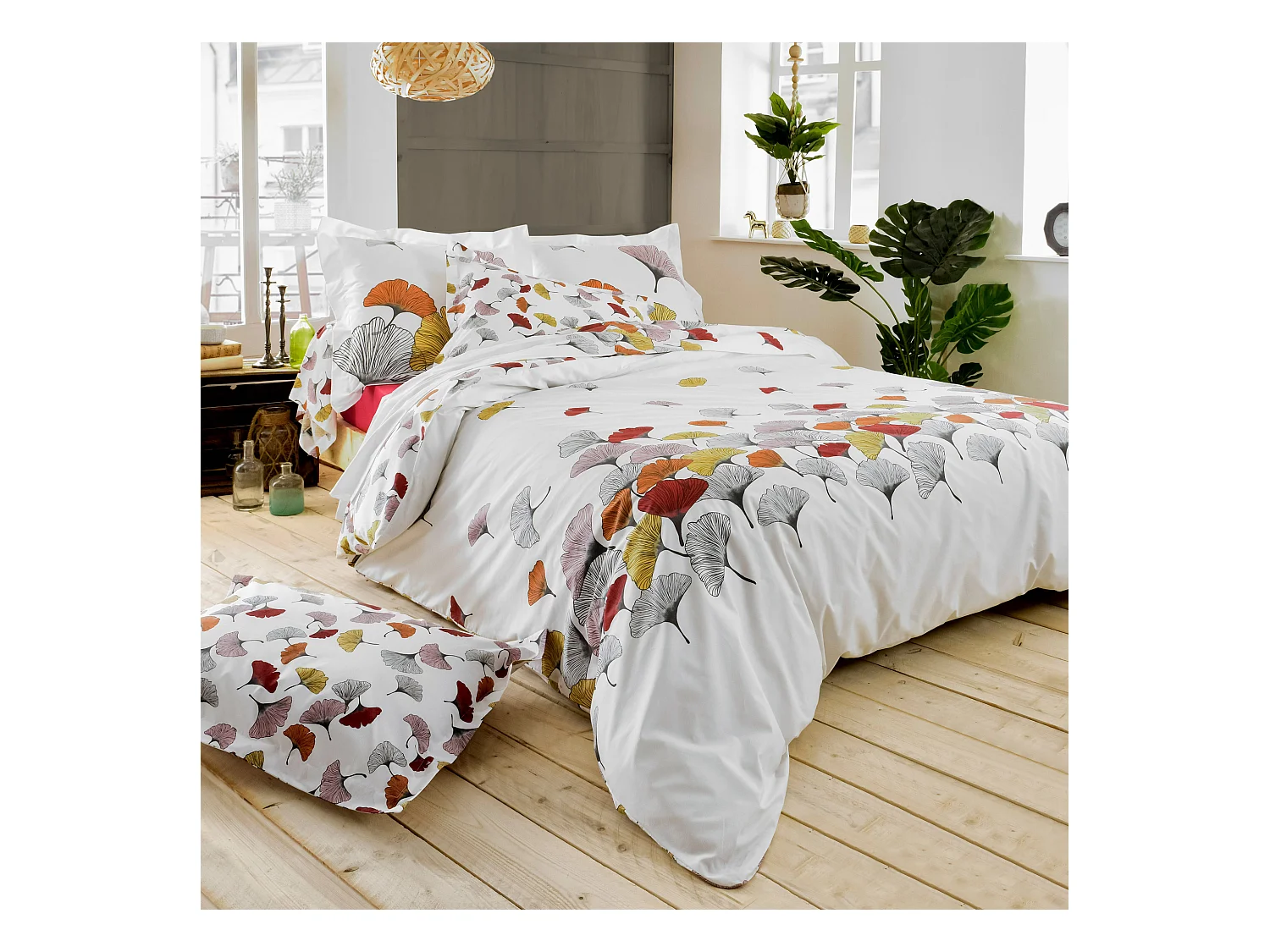 Parure de lit 280x240 cm Percale pur coton GINKGO Rose