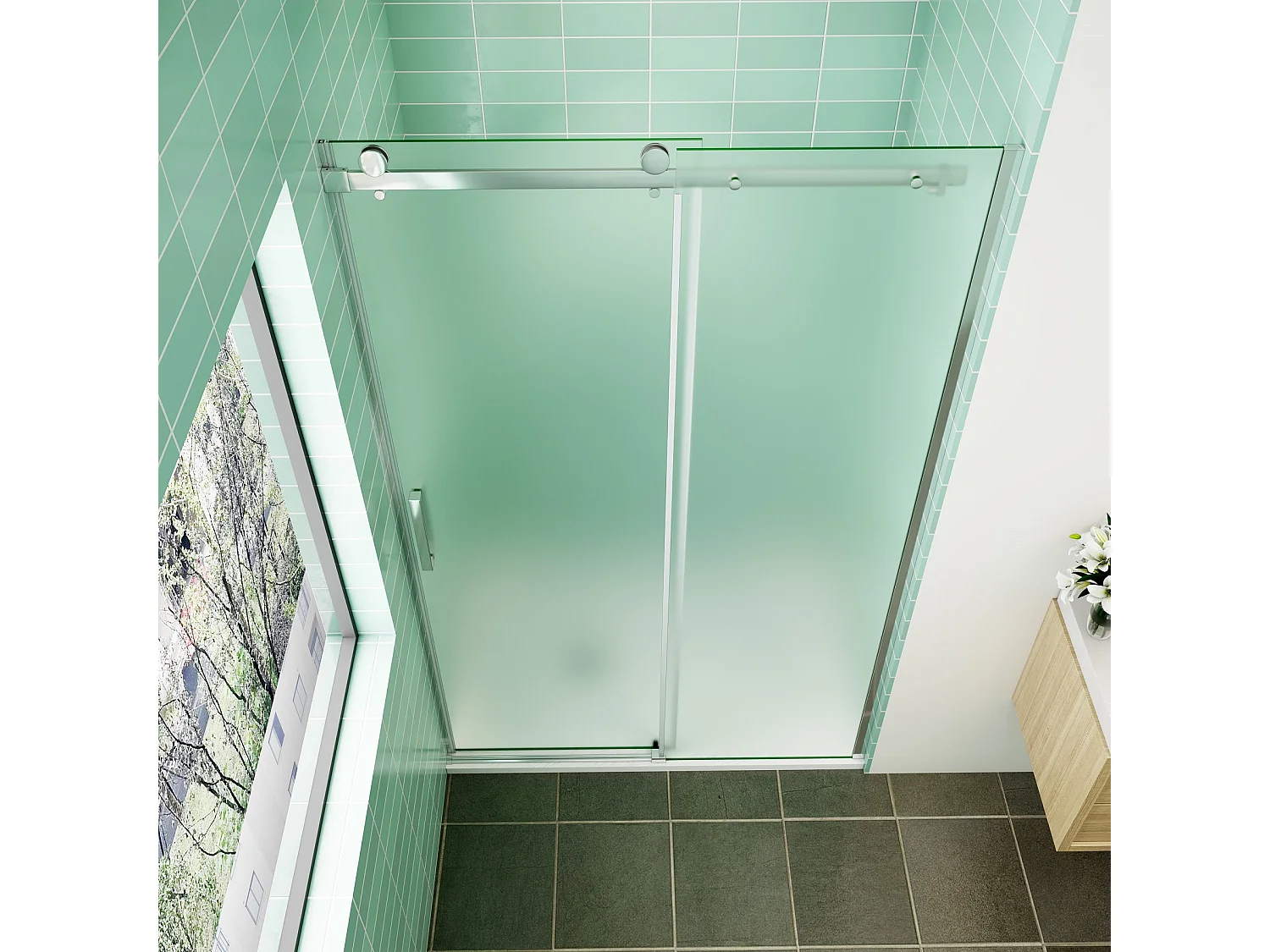 Porte de douche coulissante 120x195cm verre sablé installer à droite, porte de douche en 8mm verre anticalcaire