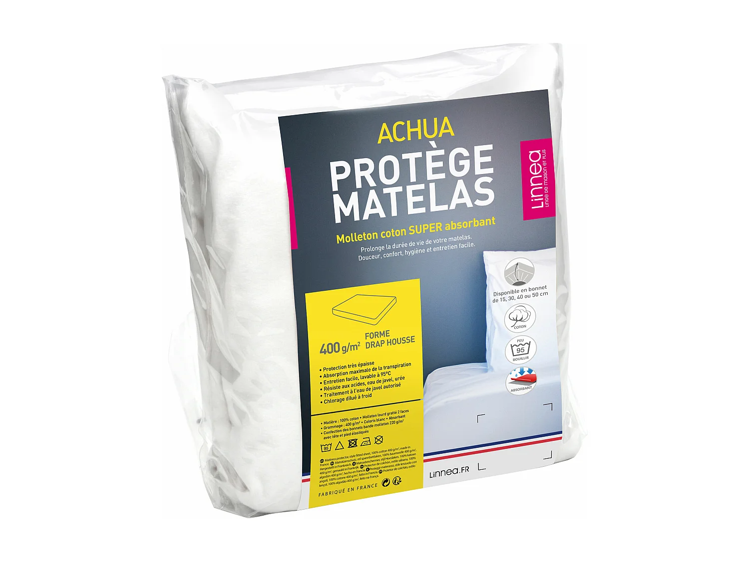 Protège matelas 60x140 cm bonnet 15cm ACHUA molleton coton 400 g/m²